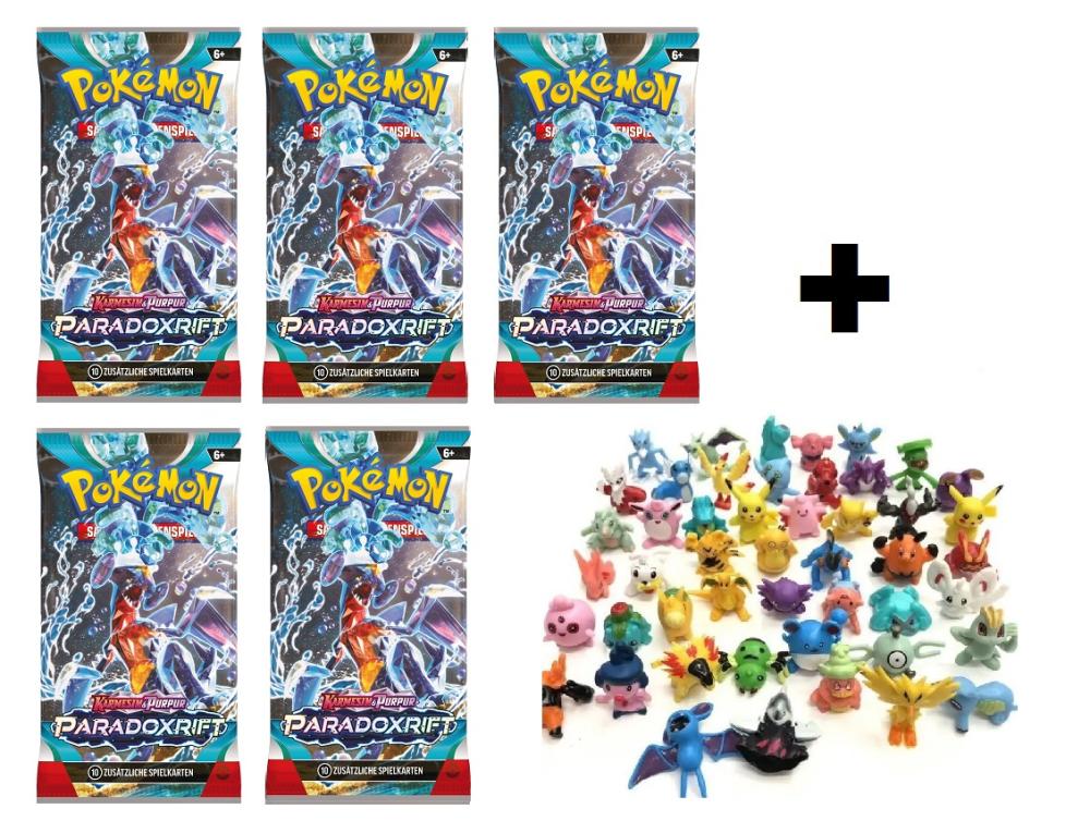 5 Pokemon Booster Packs "Paradoxrift" + 3 Sammelfiguren